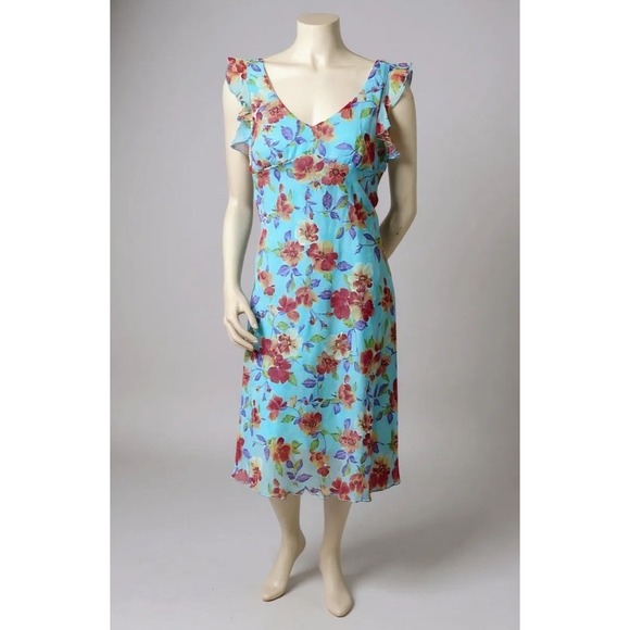 Vintage Dresses & Skirts - Vintage La Belle Floral V-Neck Ruffle Flutter Sleeve Midi Slip Dress Size 7